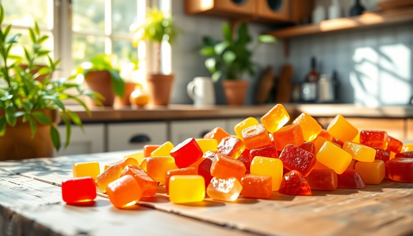 Delightful assortment of CBD Gummies in vibrant colors displayed attractively on a wooden table.