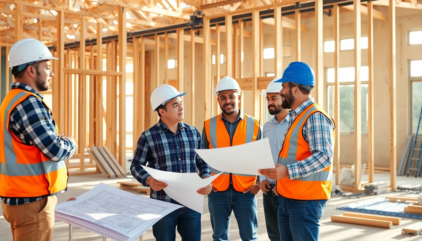 Collaborative builders discussing plans, embodying the spirit of texas association of builders at a construction site.