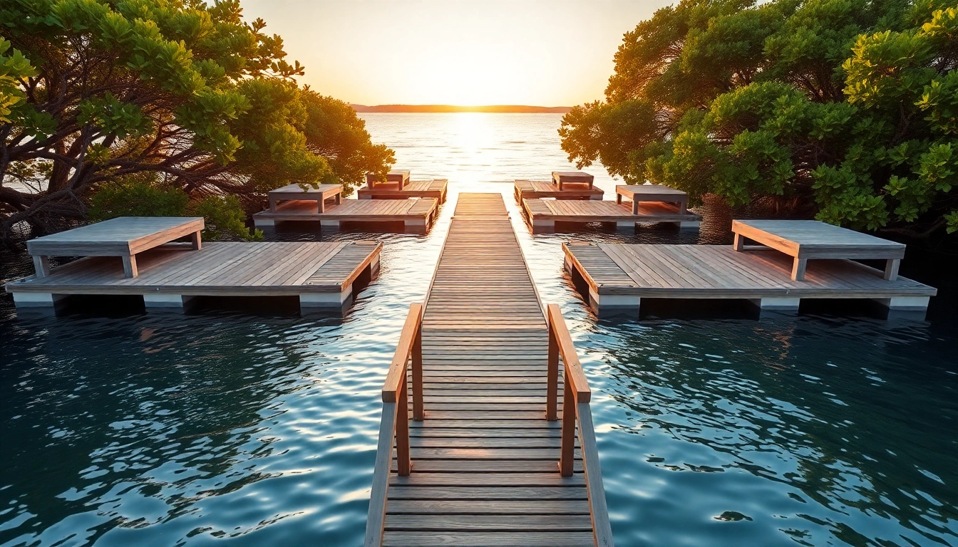 Floating docks arranged elegantly over a calm water surface, inviting relaxation and recreation.
