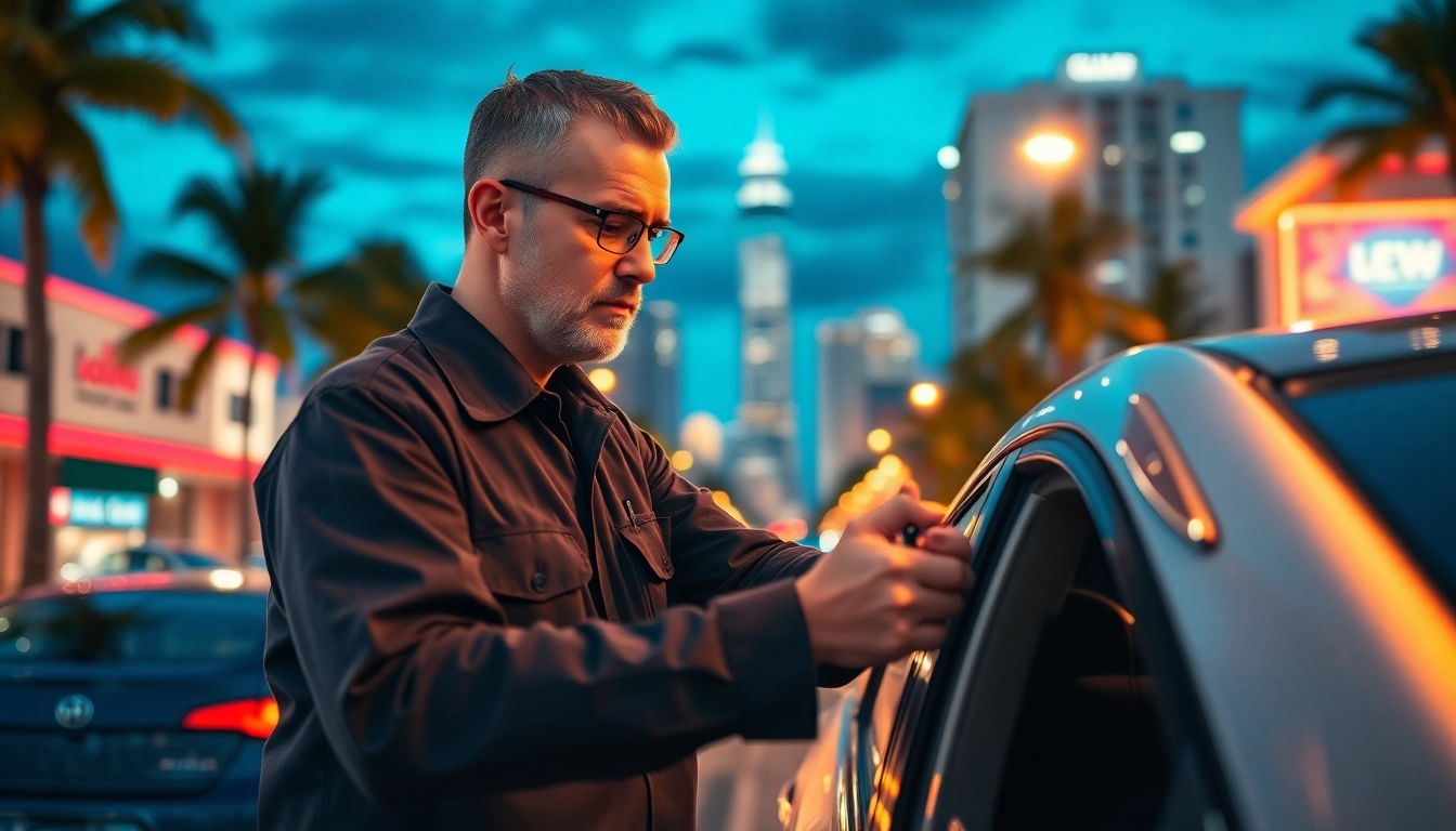 Locksmith Miami helping with a car lockout in a lively urban setting