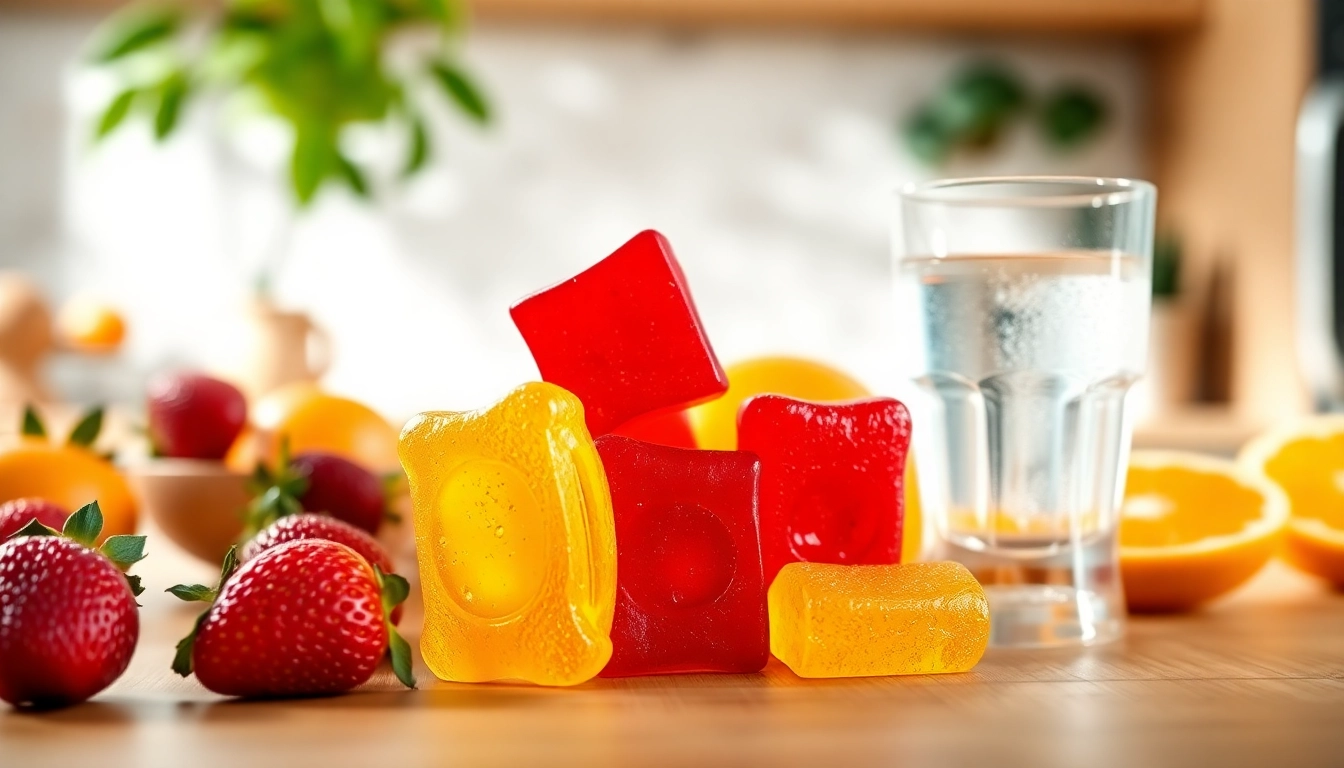 Indulge in fresh Collagen pectin gummies surrounded by vibrant fruits and hydration.