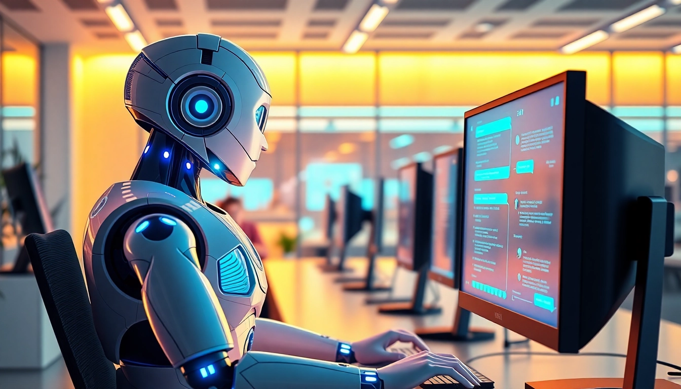AI chat bot assisting a user in a modern office environment with interactive screens.