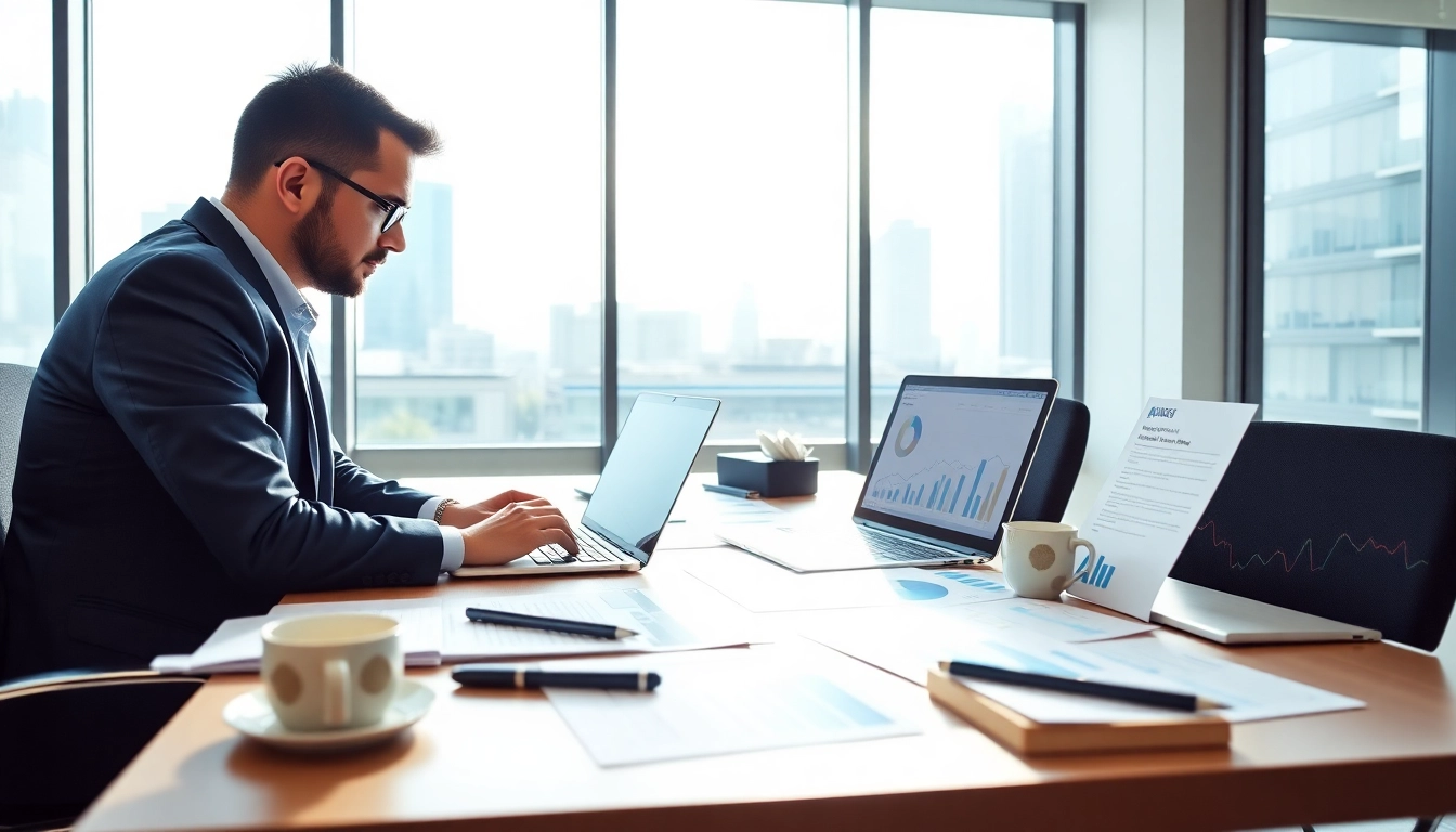 Freelance FP&A consultant analyzing financial data at a modern office desk