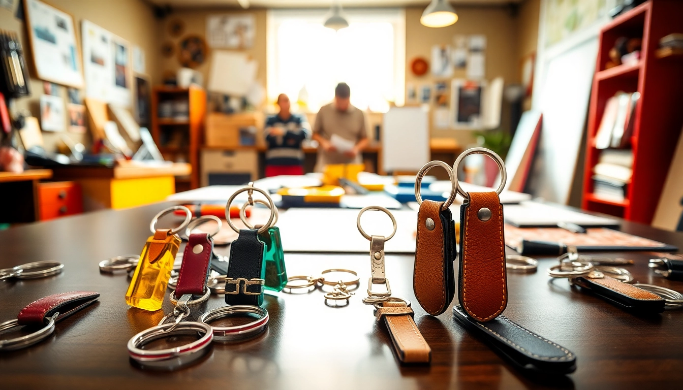 Design beautifully customized keychains featuring unique materials and designs in a creative workspace.