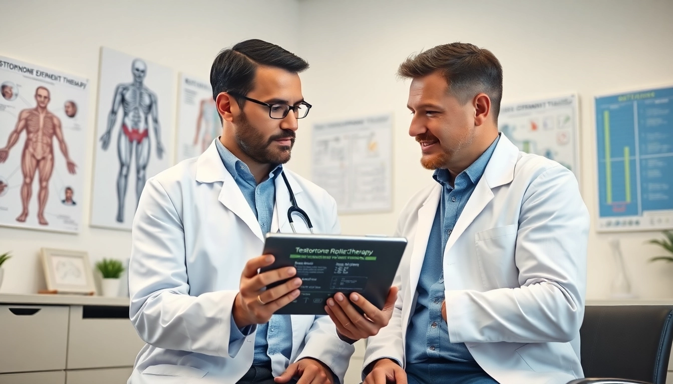 Discussing Testosterone Replacement Therapy benefits between patient and doctor in an inviting medical setting.