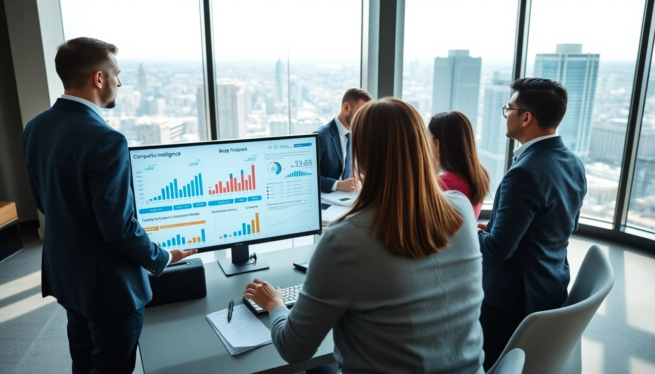 Analyzing competitive intelligence data during a professional business meeting in a modern office.