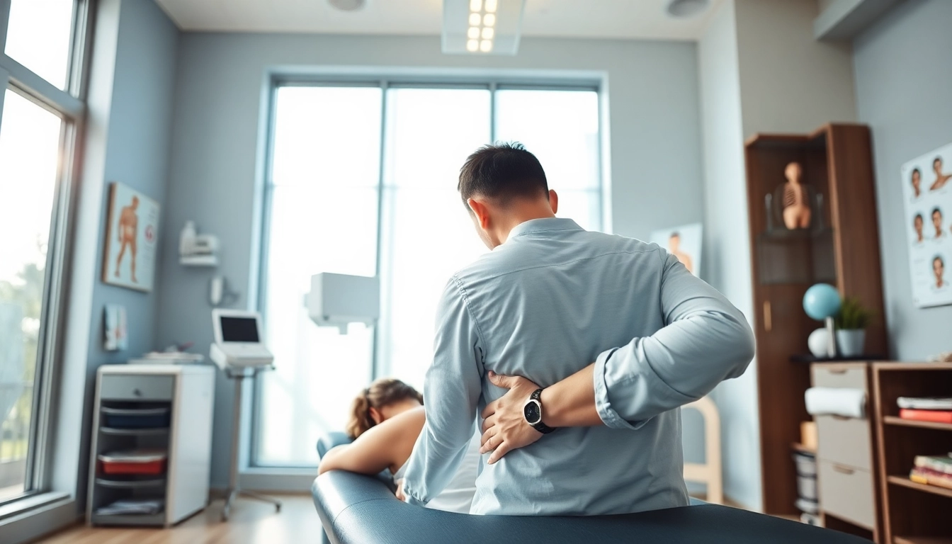 Physiotherapeut behandelt Rückenschmerzen eines Patienten in modernem Klinikumfeld.