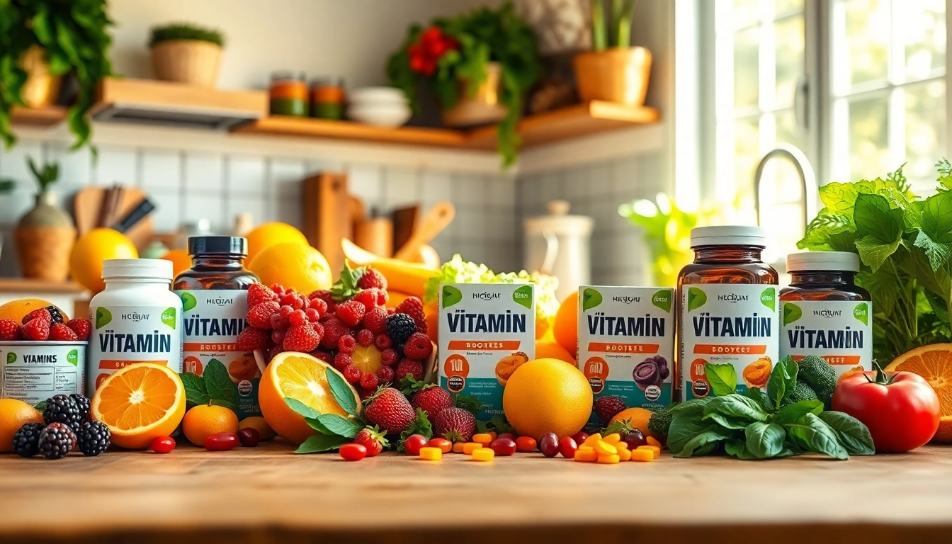 Colorful arrangement of Vitamin Boosters in a health-focused kitchen setting.