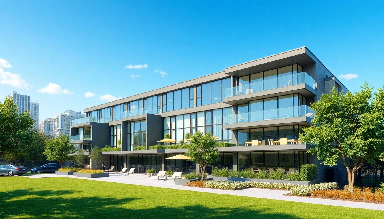 Detailreiche Architekturvisualisierung eines modernen Wohngebäudes mit urbanem Hintergrund.