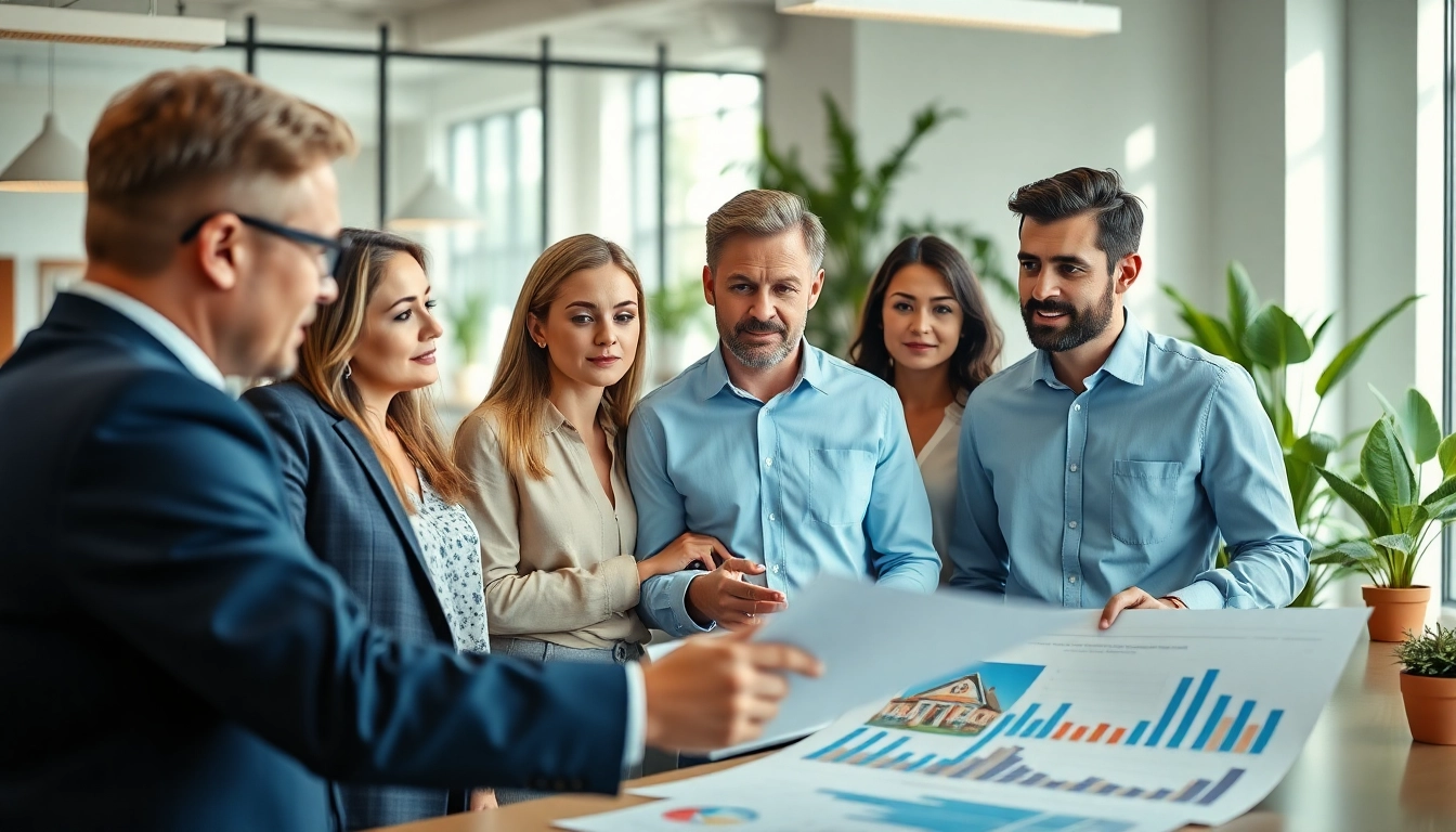 Engaged property management team collaborating in a modern office space, showcasing effective teamwork and professionalism.