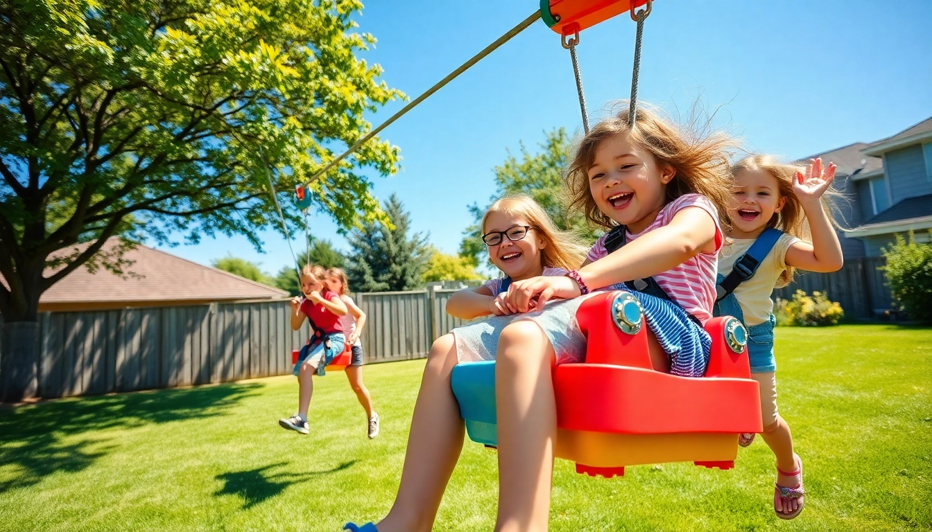 Children enjoying a thrilling ride on a ZIP WIRE KIT in a sunny backyard.