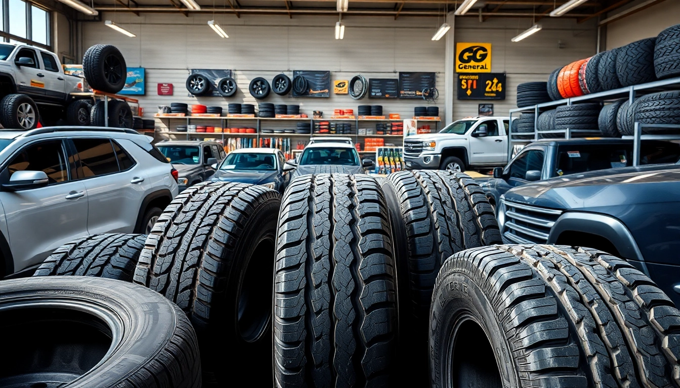 Showcasing General tires on diverse vehicles in a tire shop setting, emphasizing quality and selection.