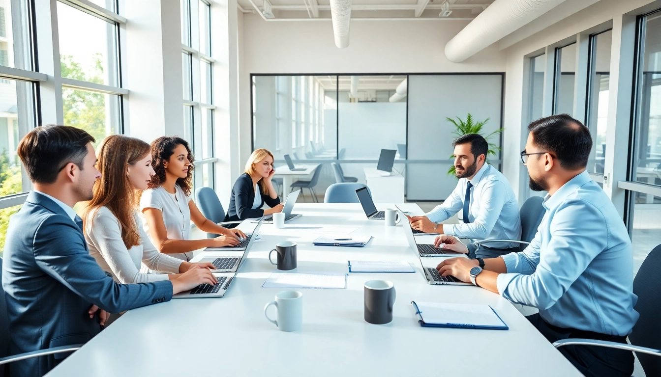 Engaged team discussing Legal Intake Services in a bright office setting.
