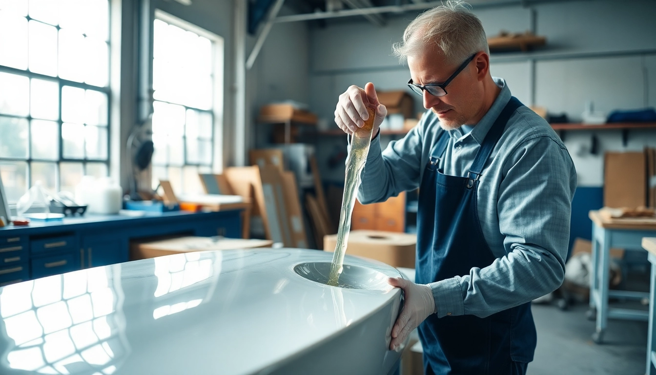 Applying laminating resin in a workshop, showcasing precision and craftsmanship.