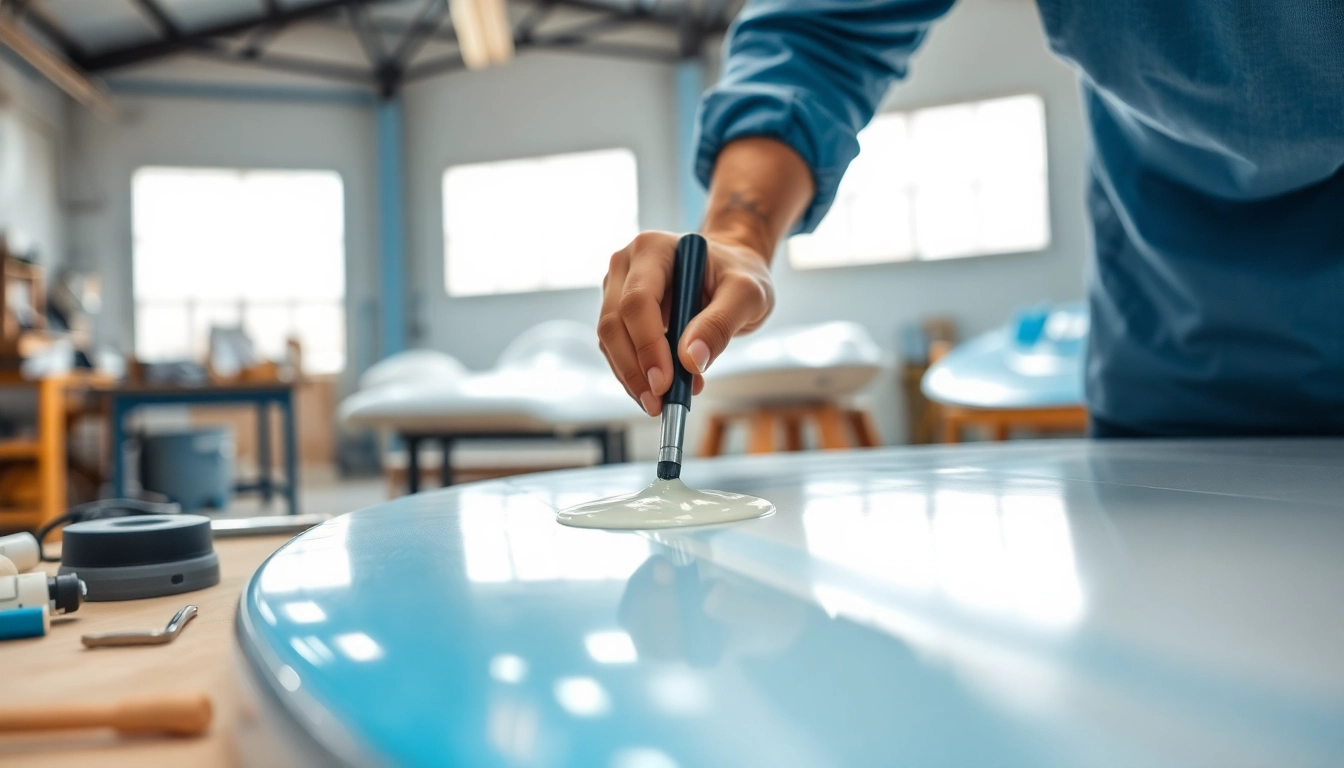 Applying laminating resin on fiberglass in a professional workshop setting, highlighting craftsmanship.