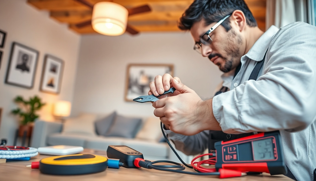 Electrician providing expert electrical service in a cozy home environment.