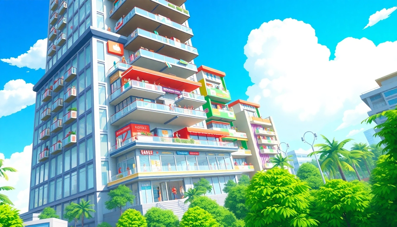 Play Sim Tower in an engaging animated skyscraper environment with vibrant activity and modern facilities.