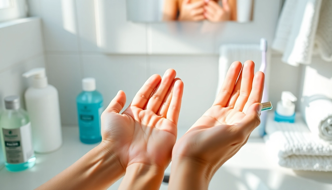 Practicing hygiene by washing hands in a bright bathroom with hygiene products.