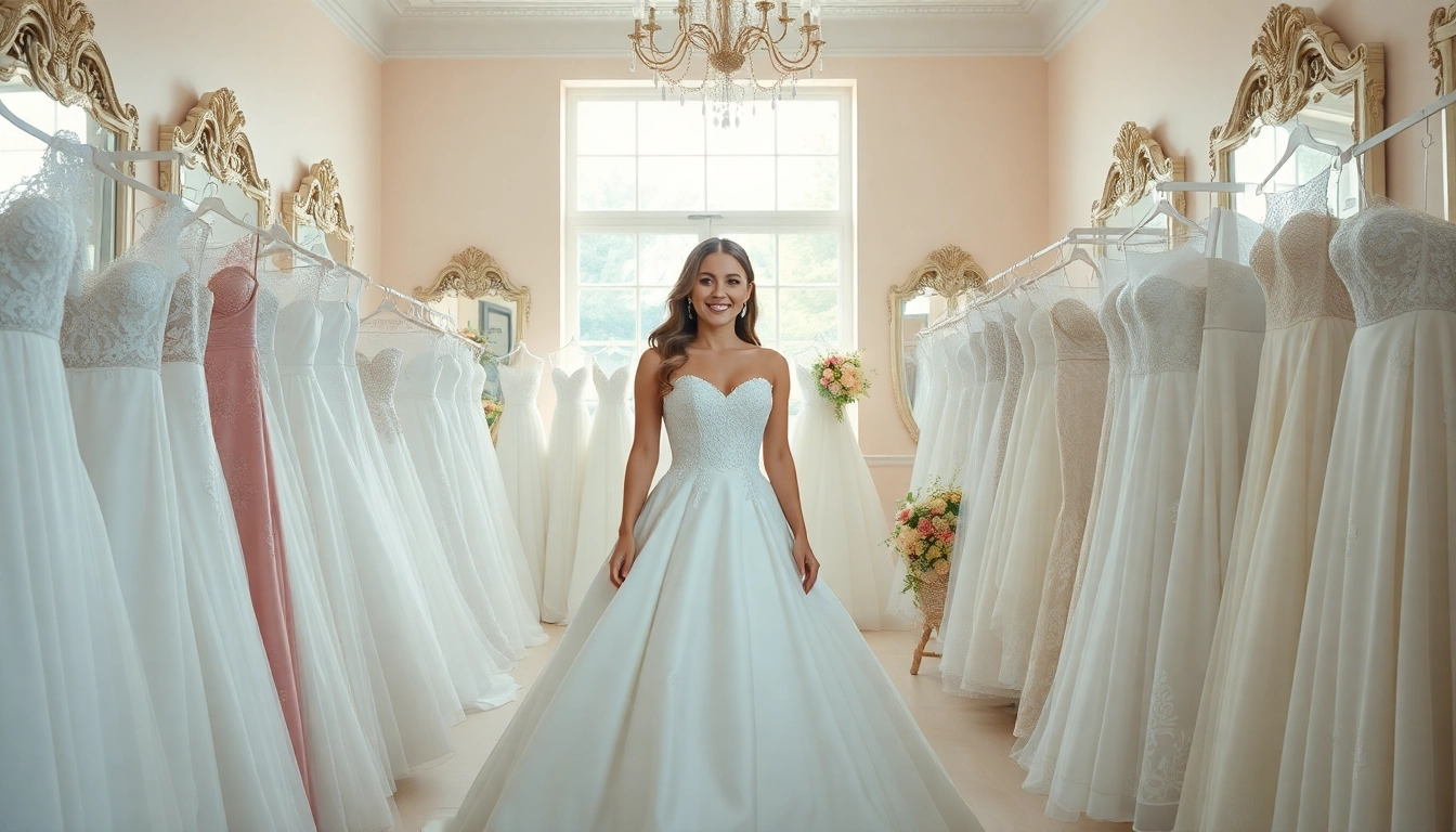 Bridal shops Winnipeg showcasing a happy bride with a stunning gown surrounded by elegant dresses.