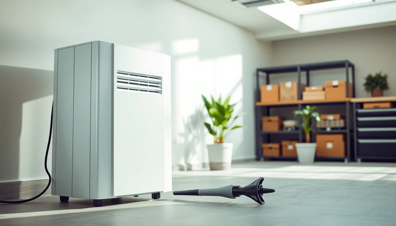 Showcasing a basement dehumidification system effectively working in a bright, modern basement environment.