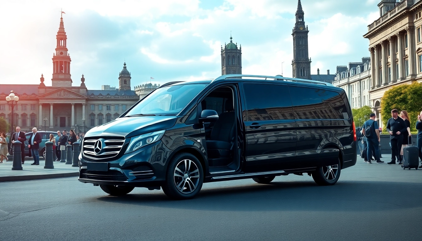 Efficient Glasgow and Edinburgh transfers with luxury vehicle awaiting passengers in city backdrop.