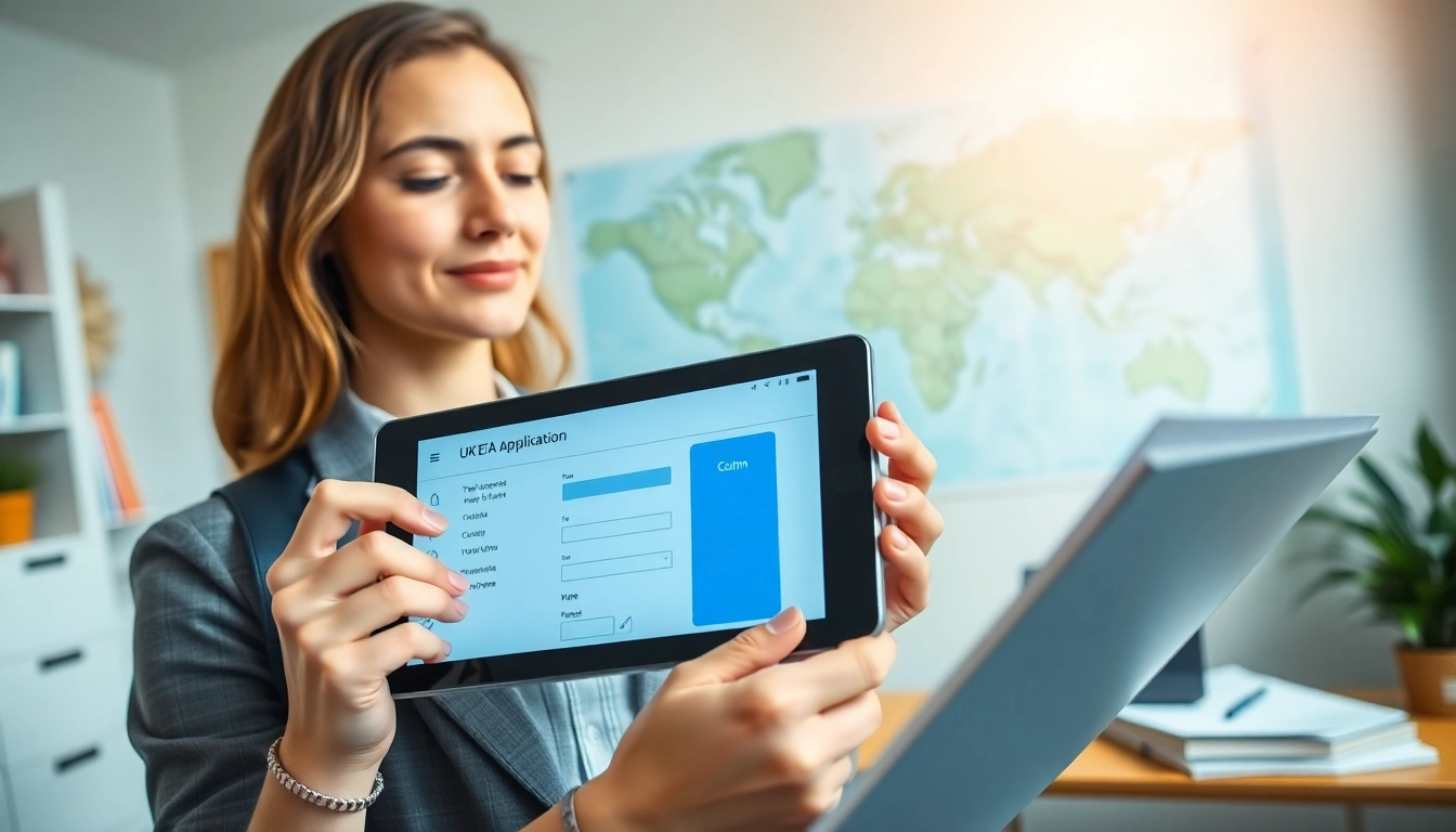 Submit the uk eta online application by filling out a digital form on a tablet in a bright office.