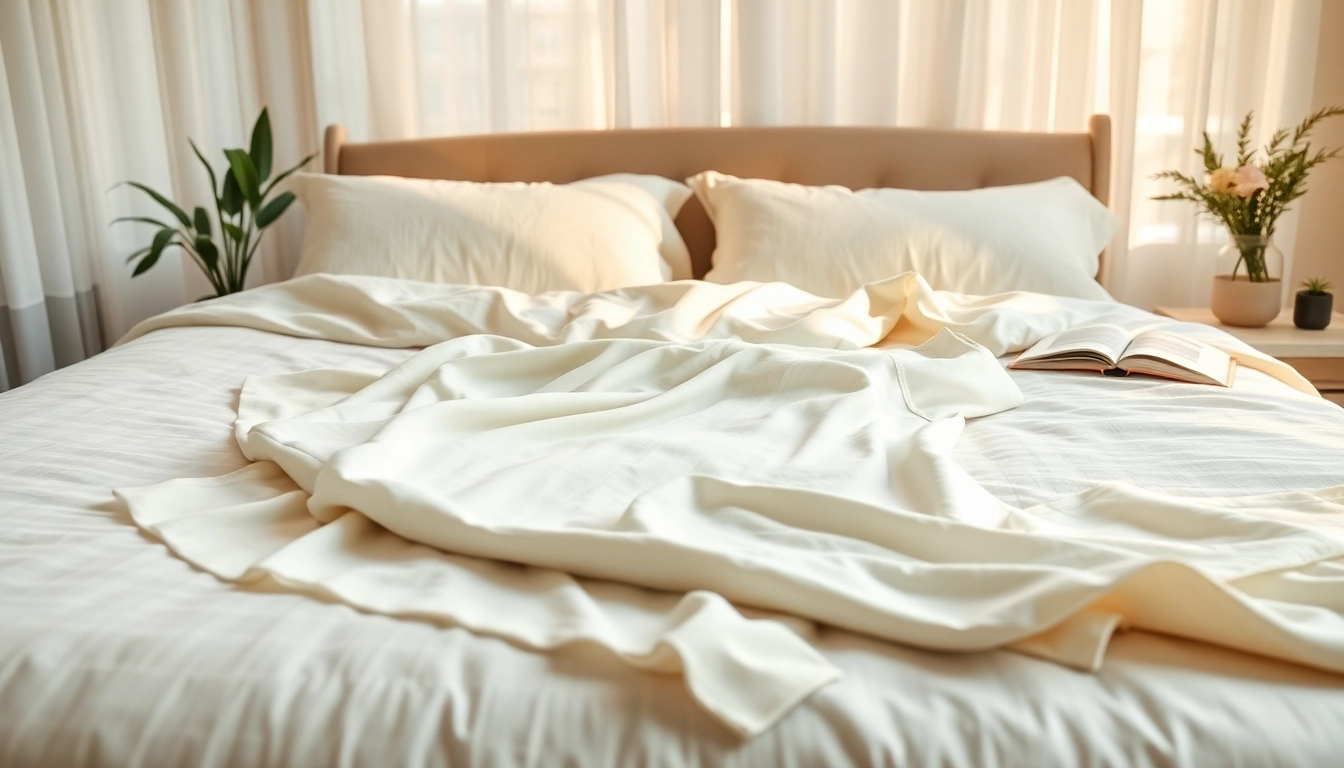 Showcase bamboo sleepwear elegantly arranged on a cozy bed, highlighting its luxurious texture and design.