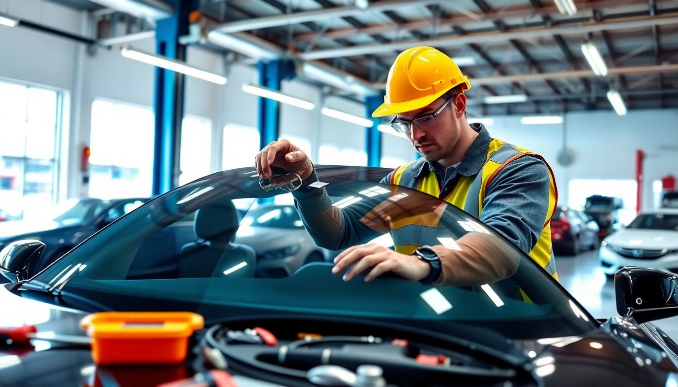 Auto Glass Replacement in Portland with a technician focusing on windshield installation