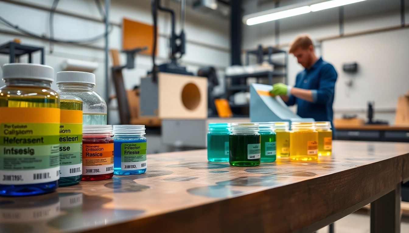 Infusion resins displayed in a professional workshop to enhance composite manufacturing.