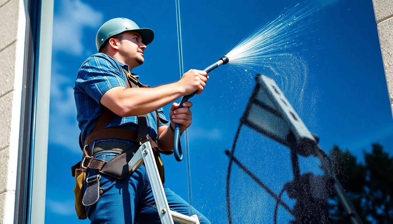 Window cleaners Sioux Falls expertly cleaning large commercial windows on a sunny day.