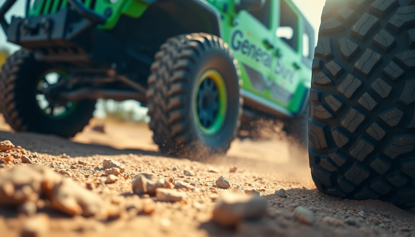 Showcase General tires showcasing powerful tread design on rugged terrain for high performance.