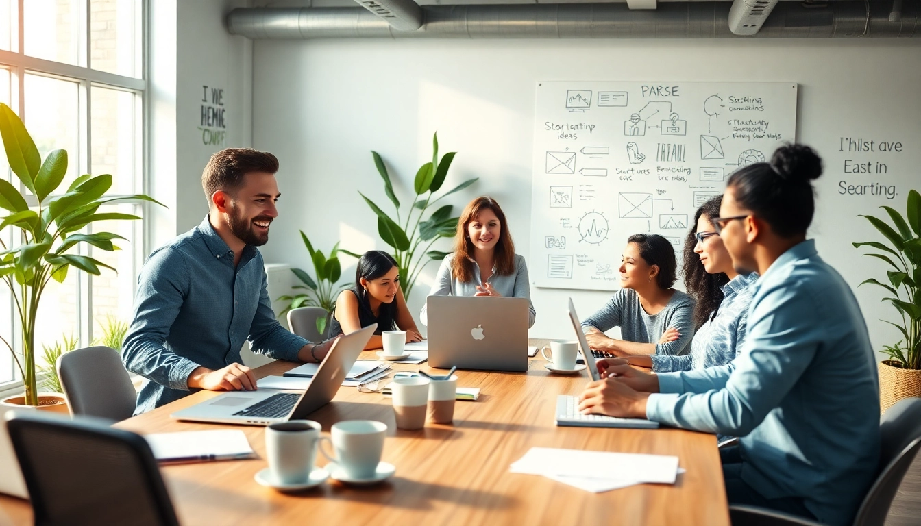 Launch Successful Startup team brainstorming in a bright office environment.