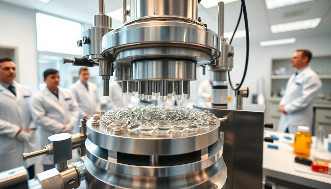 Softgel encapsulator operating in a modern lab environment, showcasing its intricate machinery.