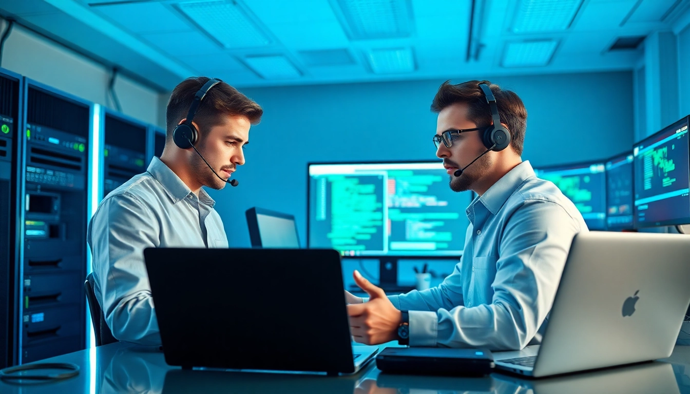 Providing computer IT support with a technician assisting a client remotely in a modern office.