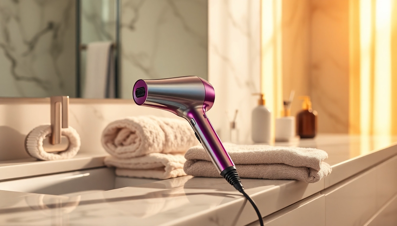 Showcase the Laifen hair dryer on a stylish countertop with elegant accessories and warm lighting.