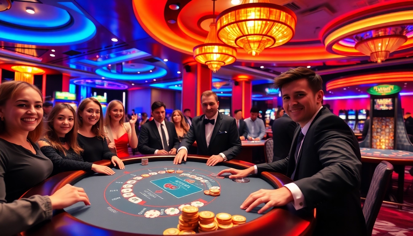 Players engaging in an exciting blackjack game at TPower casino with vibrant casino atmosphere.