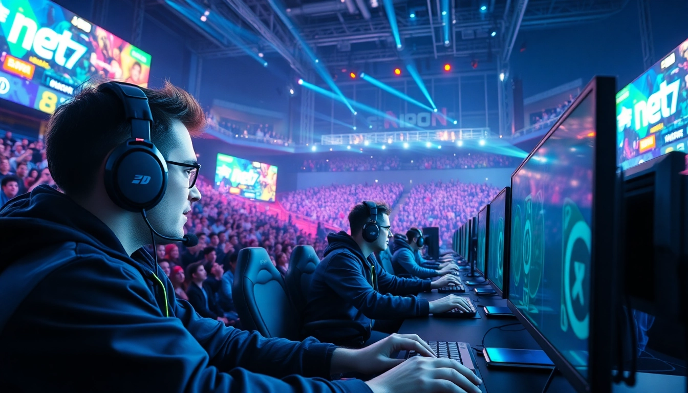 Memainkan net77 game dengan antusias di arena esports penuh semangat.