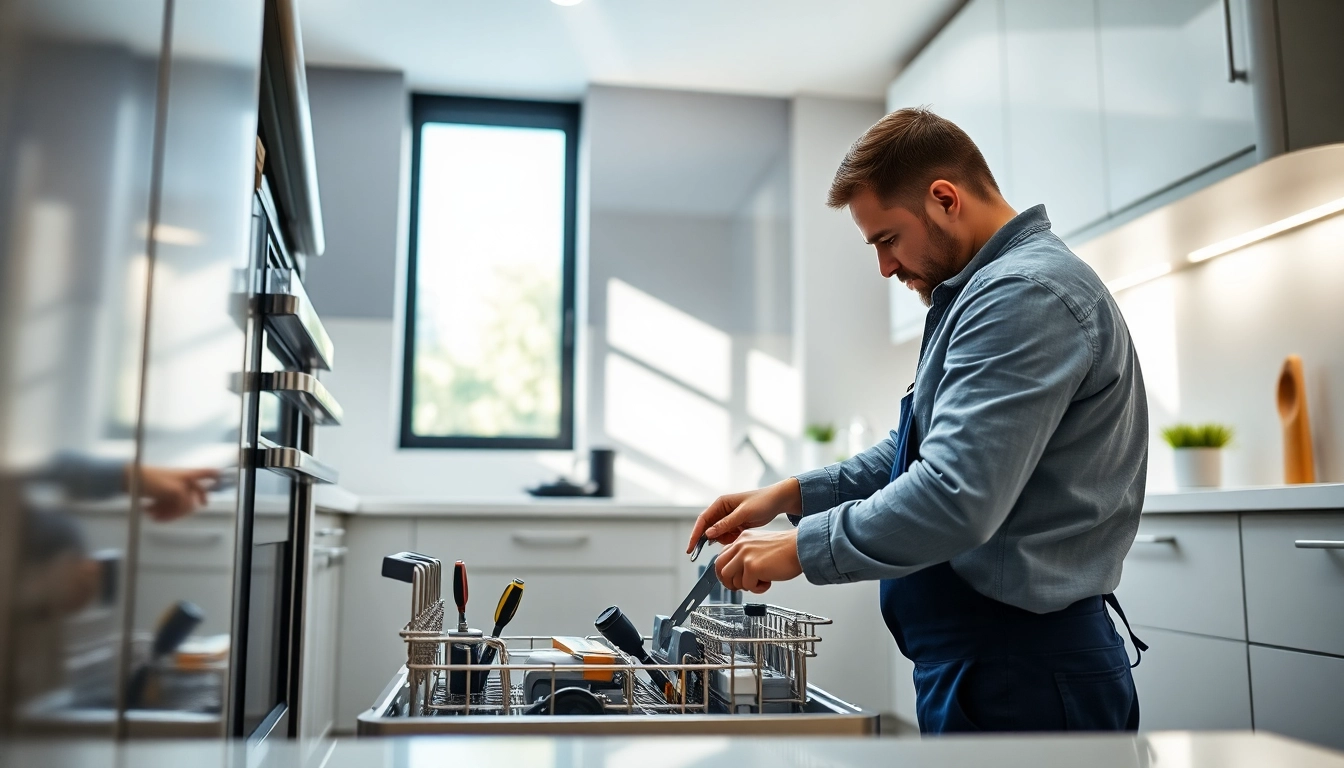 Skilled technician providing dishwasher repair in a bright modern kitchen.