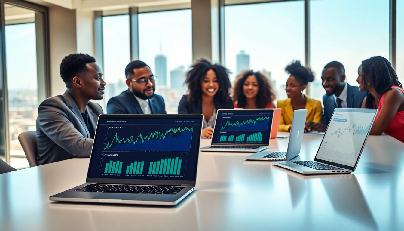 Laptop financing Kenya discussed in a modern meeting space with diverse individuals.