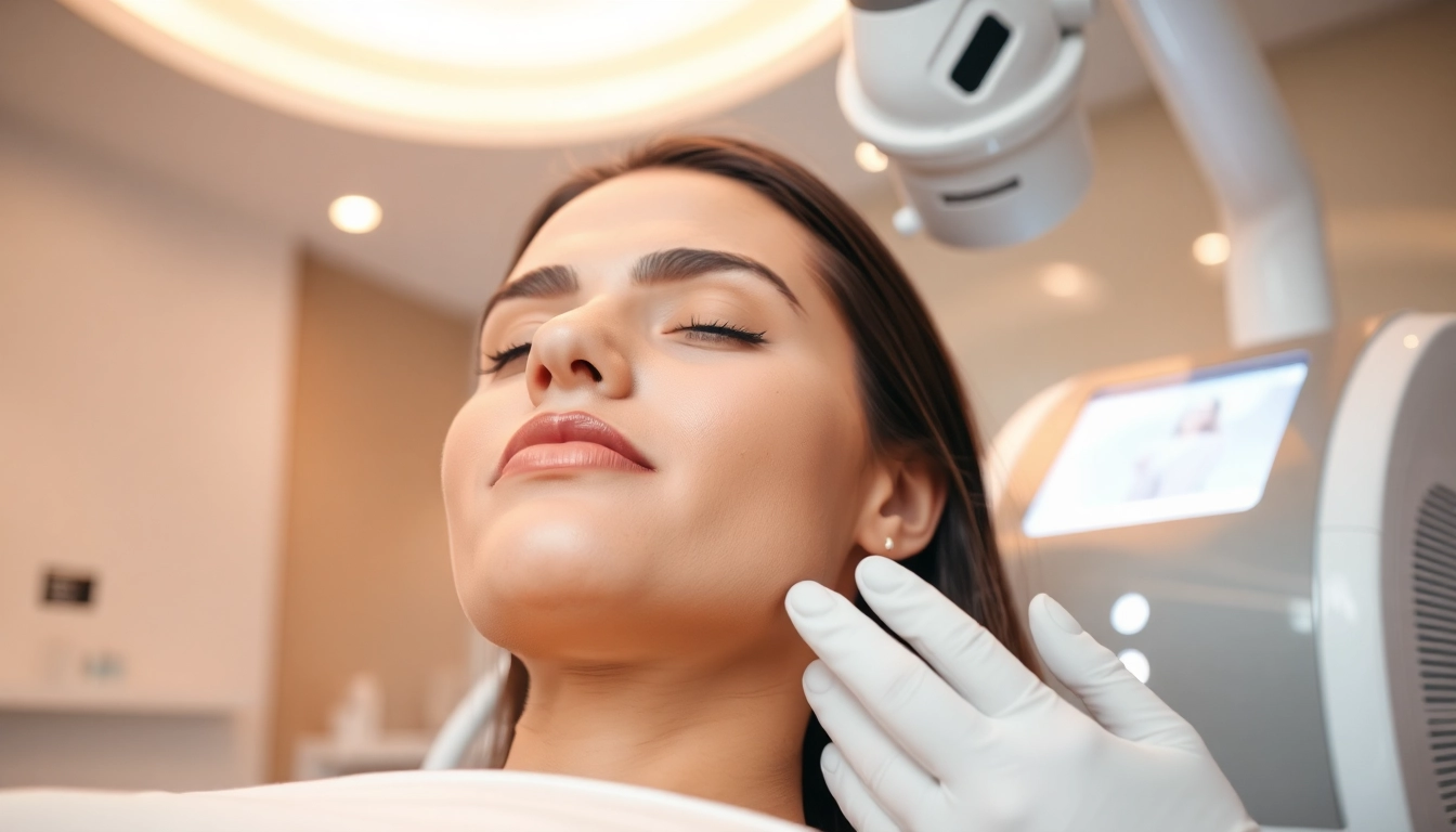 Woman receiving laser hair removal treatment in a modern spa setting.
