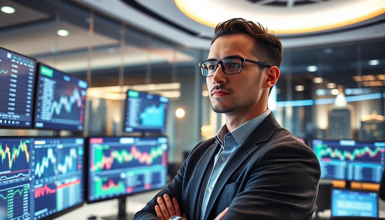 Analyze top stocks with an AI stock picker in a state-of-the-art trading office setting.