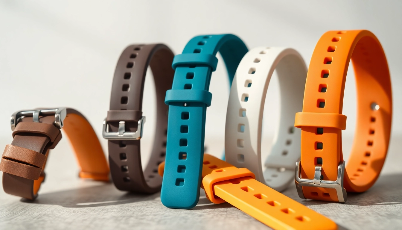 Showcasing vibrant silicone watch straps in varied styles and colors against a minimalist background.