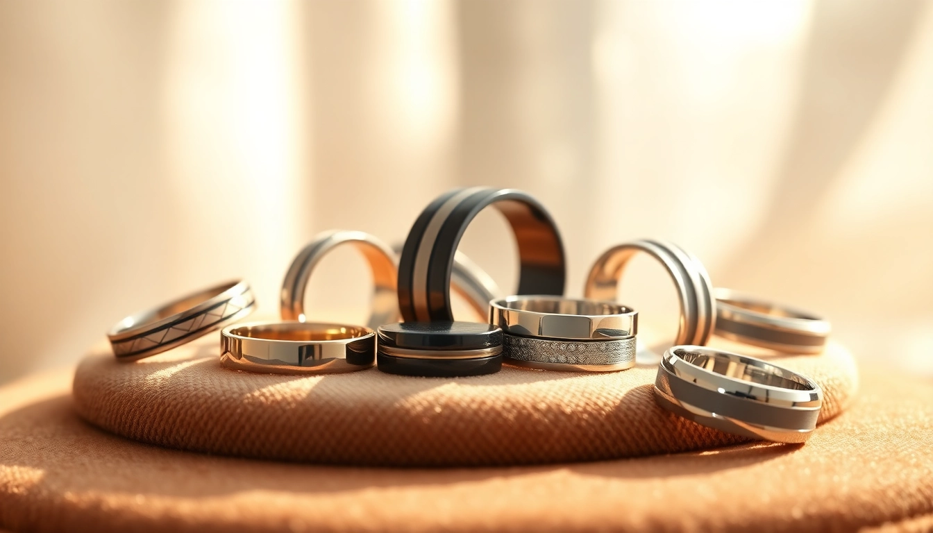 Select exquisite wedding rings for men showcasing unique designs and textures in an elegant display.