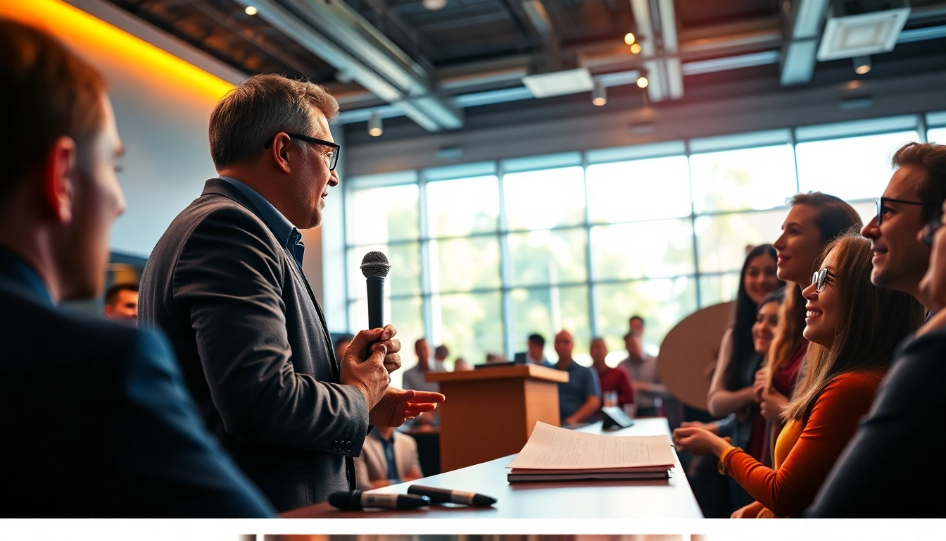 Captivating speaker demonstrating Magnetic Story Selling to an engaged audience in a vibrant setting.