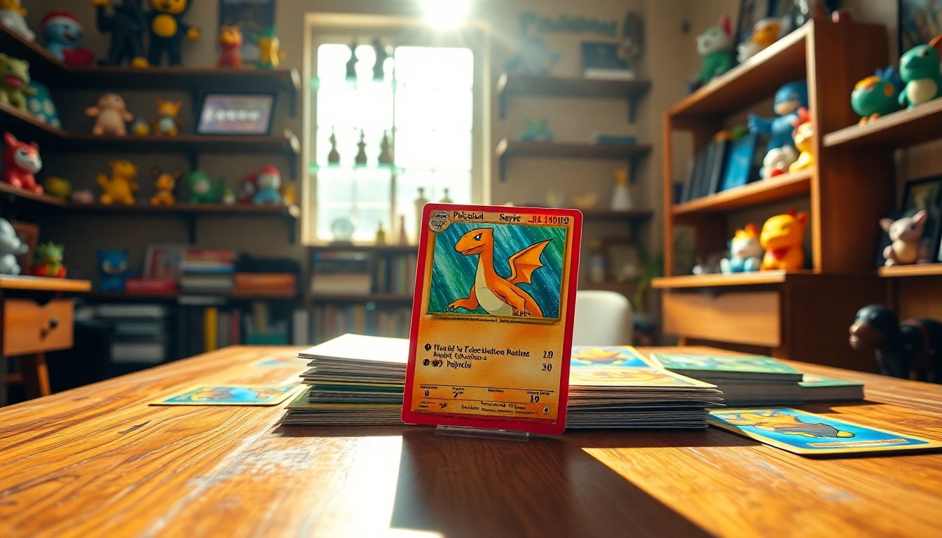 Explore real Pokémon cards collection featuring a rare Charizard in a cozy setting.