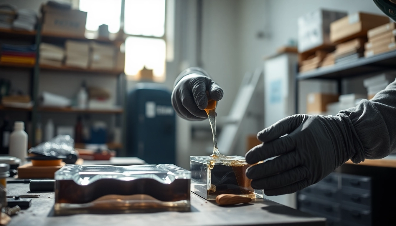 Artisan applying infusion resins in a workshop, showcasing precision and craftsmanship.