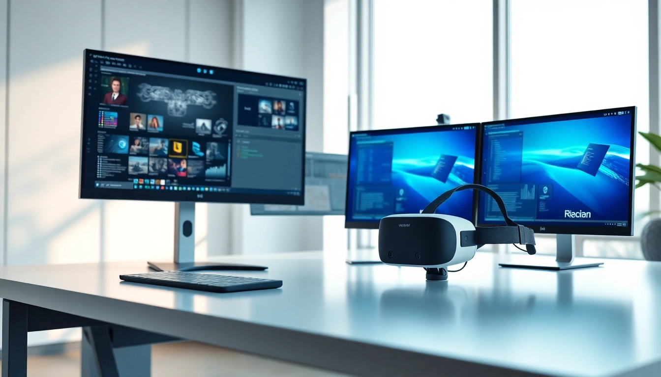 Create an immersive virtual desktop experience in a modern office with VR headset and monitors.