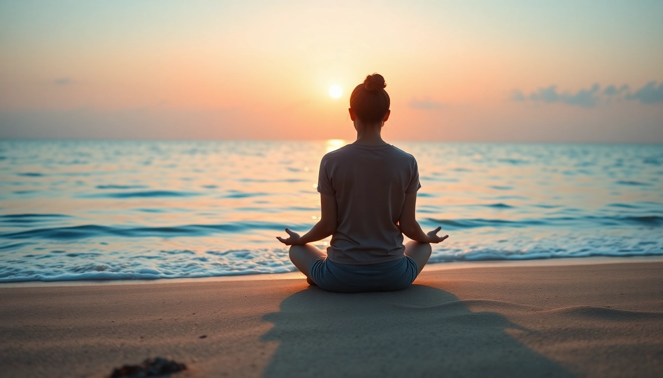 Engage in Emotional Healing Guided Meditation with a serene meditative scene on a tranquil beach.