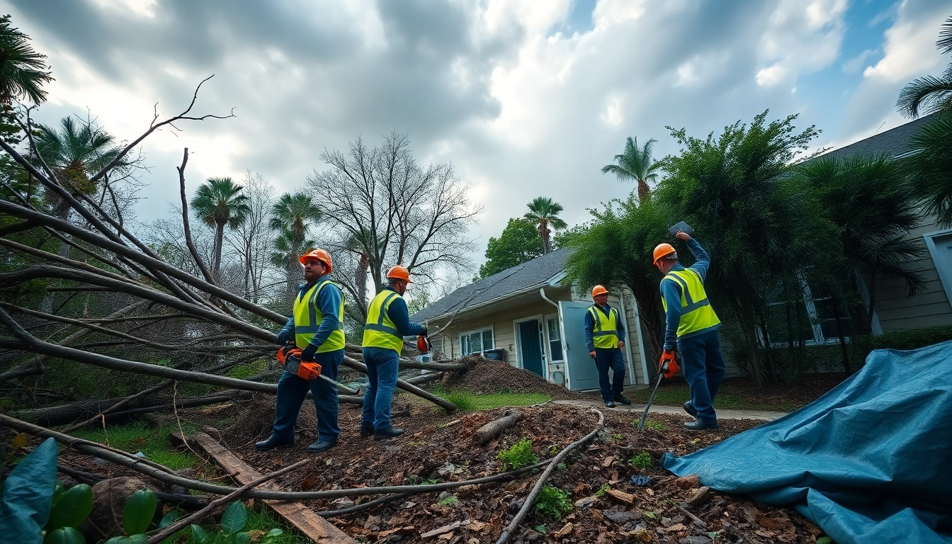Storm Damage Restoration and cleanup featuring a dedicated crew clearing debris from a residential area.