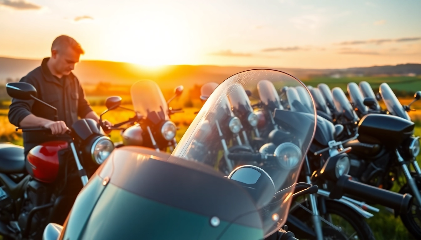 Installing high-quality motorcycle windscreens on various bike models in a scenic landscape.